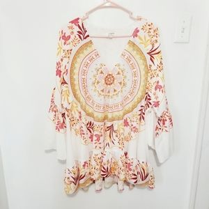 Umgee Medallion Floral White Bell Sleeve Tunic Top